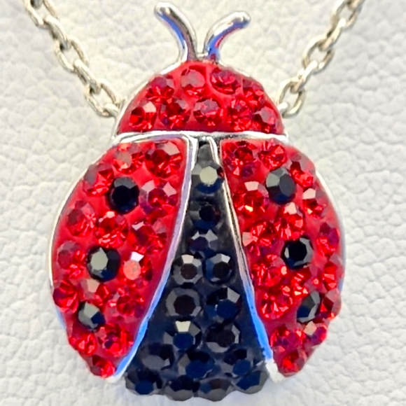 925 Sterling Silver Red Black Crystal CZ Ladybug Pendant 2mm 925 Rolo Chain - Picture 2 of 6